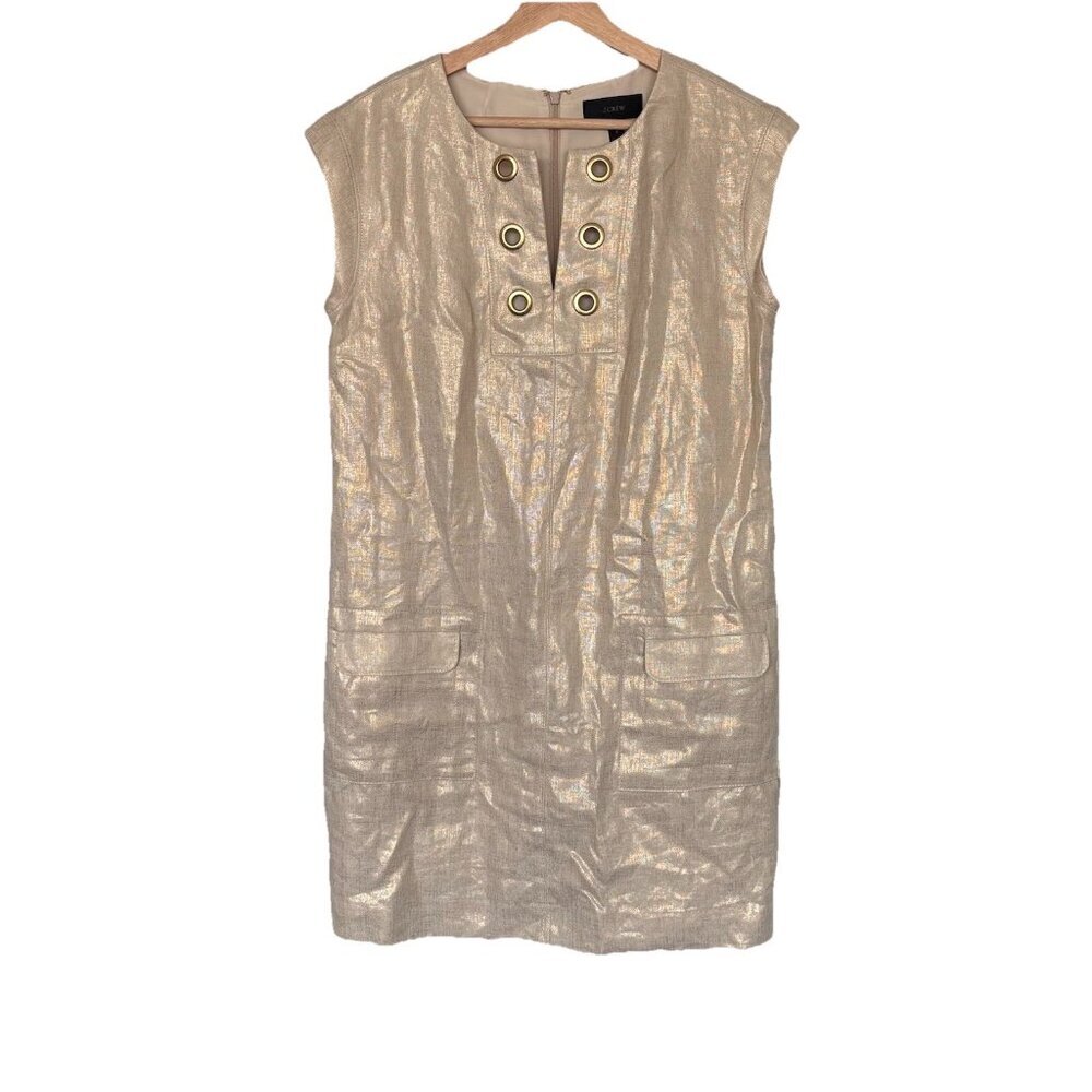 J. Crew Womens Linen Shift Dress Size 8 Ivory/Gold Tone Career Office Preppy